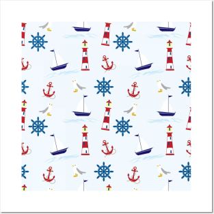 Nautical design with seagulls, anchors and lighthouses Posters and Art